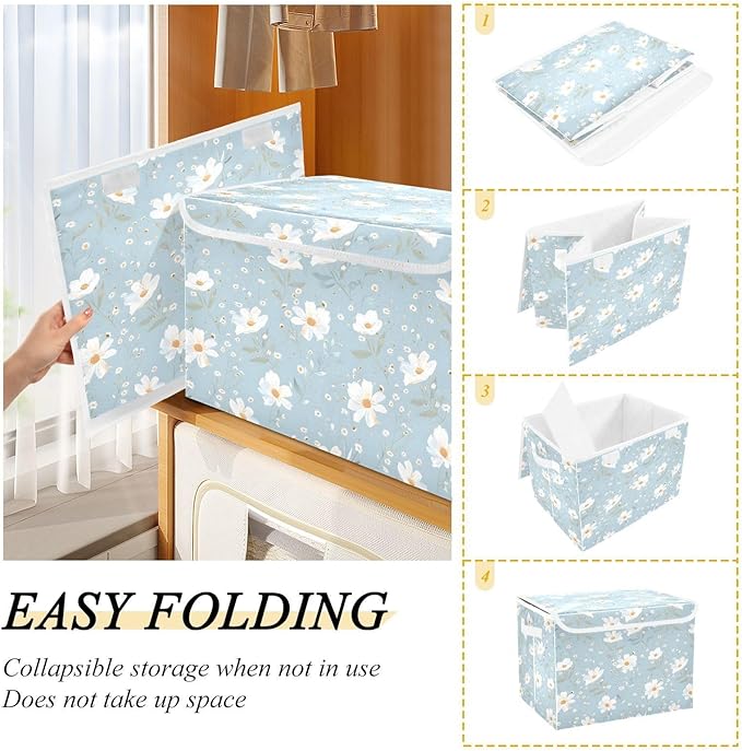 senya Large Storage Bins with Linen Collapsible Foldable Storage Cubes Fabric Closet Organizer Containers box with Flip-Top Lid for Home Bedroom Office 16.7 x 12.6 x 11.8in (White Flowers)