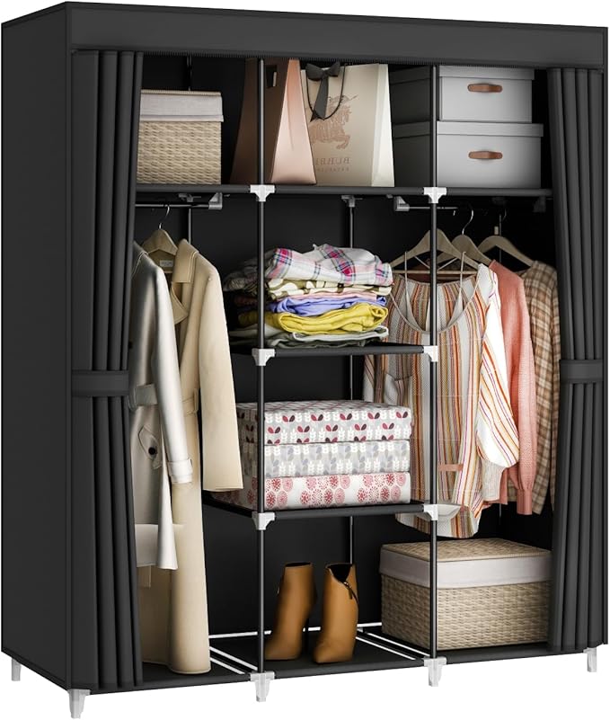 MOGELAFOO Portable Closet Wardrobe, 51-Inch Clothes Organizer with 2 Hanging Rods and 8 Shelves, Non-Woven Fabric Cover, Medium Capacity Storage for Bedroom and Living Room, Black