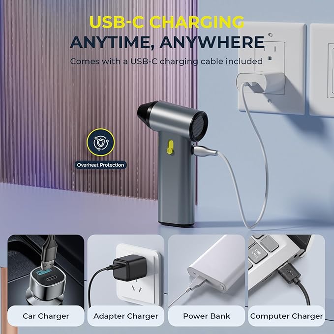 Compressed Air Duster, 130000RPM Brushless Motor, Super Power Air Duster Electric, Aluminum Alloy Body, Dust Blower with Fast Charging for Car, Computer, Keyboard, Outdoors and House
