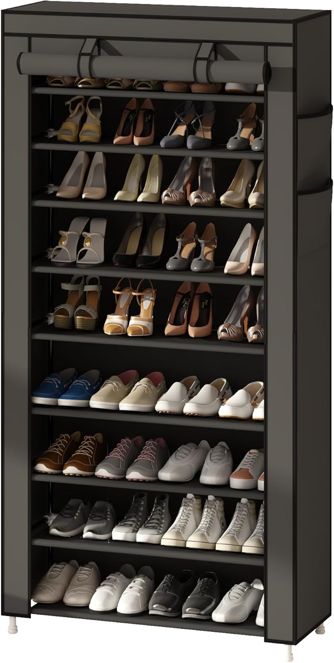 Calmootey 9 Tier Shoe Rack Organizer,Portable Shoe Shelf with Nonwoven Fabric Cover for Closet Hallway,Bedroom,Entryway,31.50x11.81x62.99inches,Grey