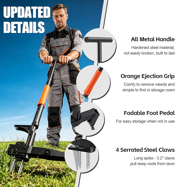 Weed Puller, 4-Claw Stand Up Weed Puller Tool with Long Handle & Steel Head, 41" Adjustable T-Handle Weeder Tool, Easily Remove Weeds Root Without Bending, Pulling, or Kneeling