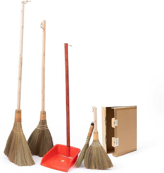 TTS Home Broom and Dustpan Set with 44.9'' Long Handle for Family, Kitchen, Office, and Lobby – 4-Pack Stand-Up Brooms with Dustpan Combo