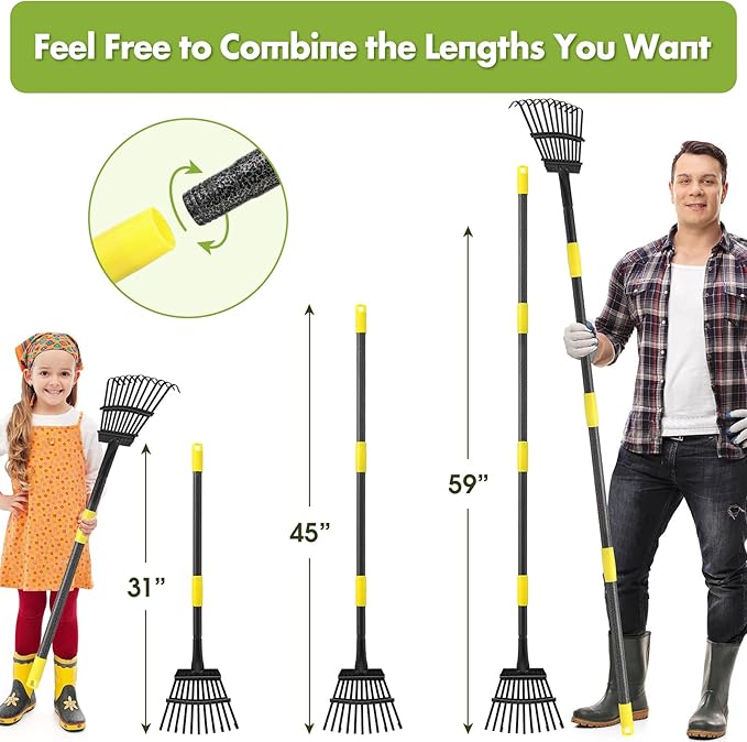 INFLATION Garden Rake for Leaves Sturdy Metal Small Yard Leaf Rakes for Lawns 60” Length 8.5 Inch Width 11 Tines for Women Men Kids Lightweight with Non-Slip Comfortable Smooth Long Handle