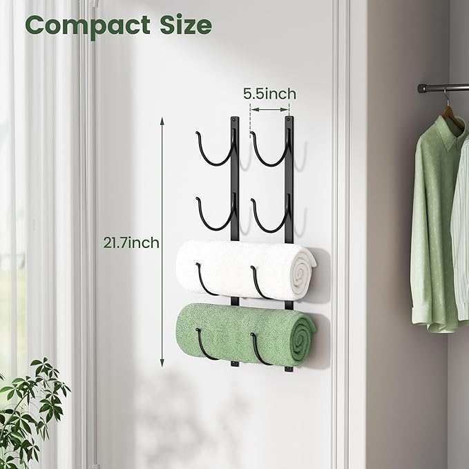 Rolled Towel Rack for Bathroom– 4-Tier Rolled Towel Storage Holder,Metal Organizer for Towels & Large Bath Sheets, Space Saving Rack for Small Bathroom, RV, Camper, Closet, Black Metal