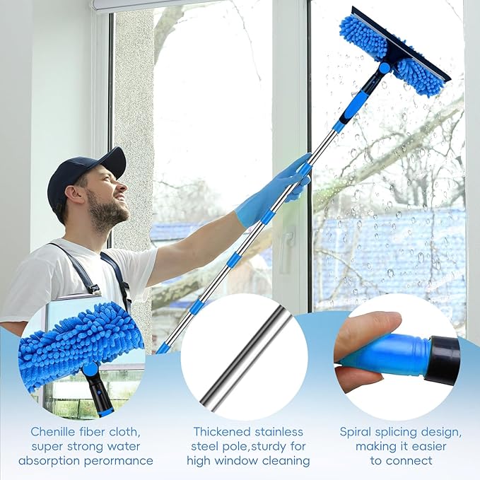 Window Squeegee Cleaning Tool, 2 in 1 Telescopic Window Cleaner Rotatable Window Washing Equipment for High Window, Interior Roof, Car Glass, Home