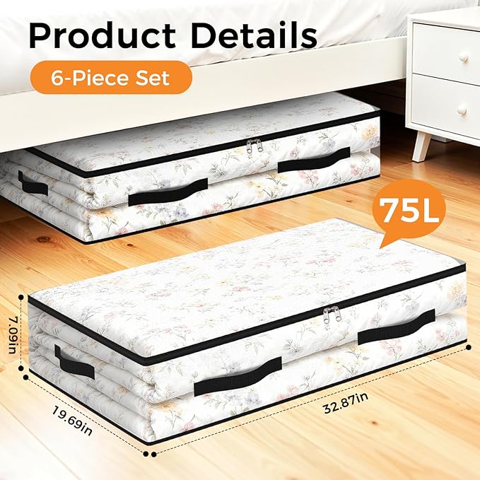 6 Pack Under Bed Storage Bags, 75L Foldable Clear Storage Containers with Handles, Dual Zippers for Comforter, Clothes, Bedding, Linen Sheets, Sweaters, Blanket Storage