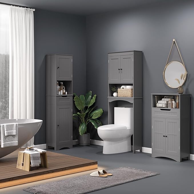 Bealife Over The Toilet Storage Cabinet with Open Shelf, Organizer with Adjustable Shelf and Double Doors,Over The Toilet Storage Shelf Free Standing (Grey)