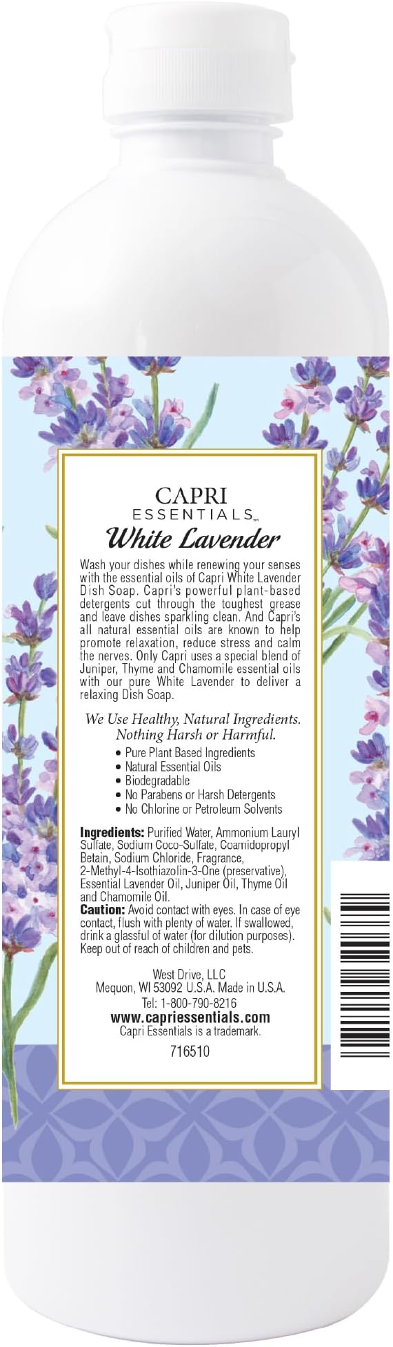 CAPRI ESSENTIALS Dish Soap Liquid, Natural Household Cleaning, Plant Based Aromatic Dish Detergent, Blend of Essential Oils with Juniper & Chamomile, White Lavender, 16 FL OZ (3 Pack)