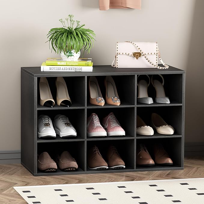 Garden 4 you Shoe Storage Bench, Cubby Shoe Rack with 9 Cubbies, 3-Tier Wood Shoe Rack Organizer, Shoe Organizer Cabinet for Entryway, Hallway, Closet and Garage, Black
