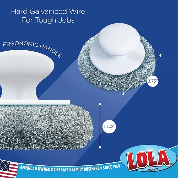 LOLA Steel Wool Wire Mesh Scouring Pad w/Hand Saver Knob, Heavy Duty, Galvanized Steel Wire, Abrasive, for Pots, Pans, Ovens, Grills - 1 Pack