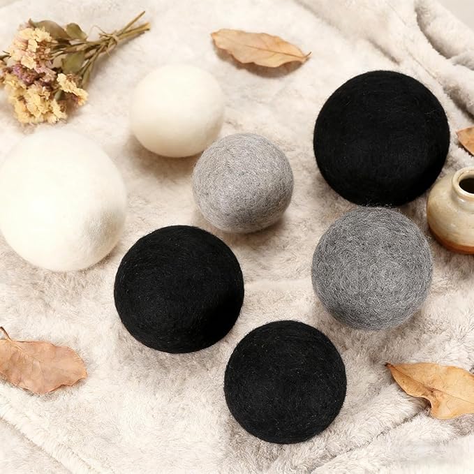 6 Pack Wool Dryer Balls Laundry Reusable Anti Static, Cotton Balls Wool Laundry Balls for Dryer Reduces Clothing Wrinkles Natural Fabric Softener Last 1000+ Loads (Black, 2.75 in/7 cm)