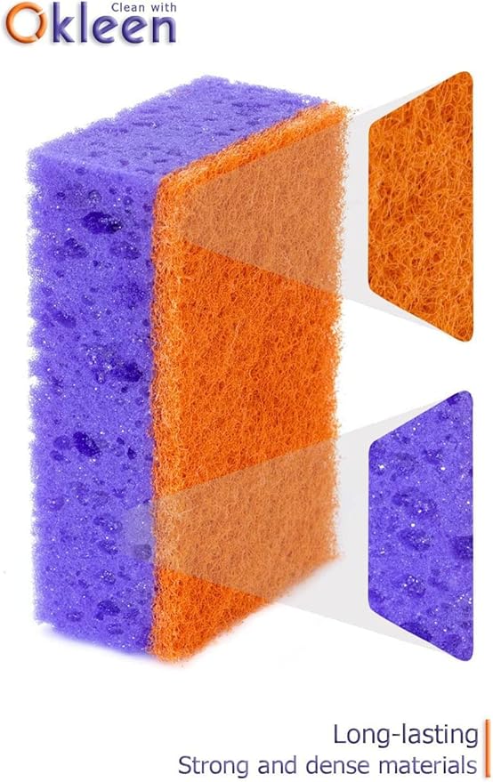 Purple and Orange Multi Use Scrub Sponges. Made in Europe. 18 Pack, 4.3x2.8x1.4 inches. Heavy Duty & Non Scratch Fiber. Odorless, Durable, Delicate, Rinse Clean Violet Scrubber