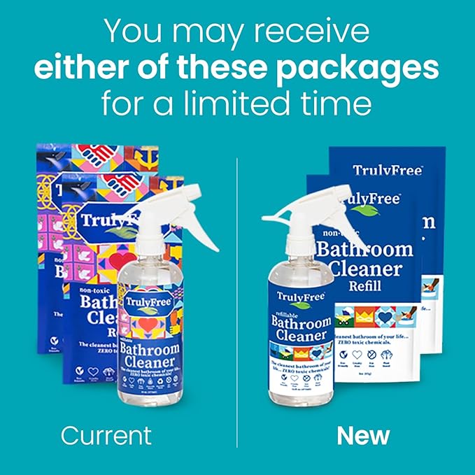 Truly Free All Natural Non-Toxic Bathroom Cleaner Spray, Organic Bath & Tile Cleaning Solution for Toilet, Sink, Tub & Shower, Refillable 2-Pack with 16oz Bottle + 2 Refill Pouches