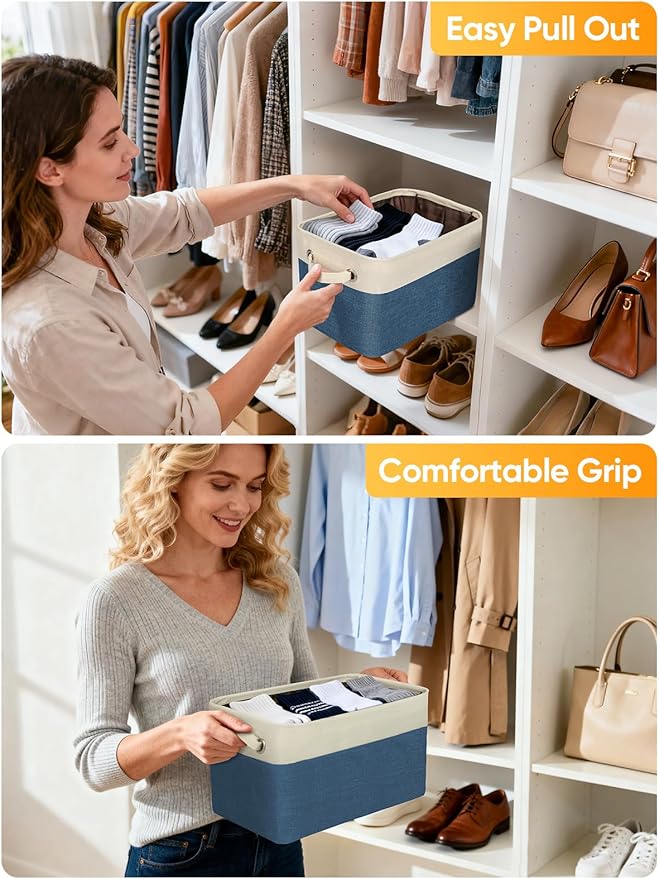 BALEINE 3 Pack Fabric Storage Bins for Shelves, Linen Storage Baskets for Organizing, Decorative Closet Bins for Clothes, Home (Navy Blue, 12"x8"x8")
