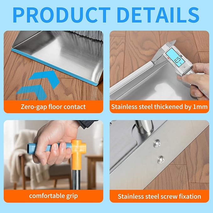 Heavy Duty 304 Stainless Steel Dustpan and Broom Set, Long Handle Self Standing Dust Pan with Wide Mouth Pet Hair Comb Teeth, Indoor Outdoor Cleaning Set for Kitchen Garage Office