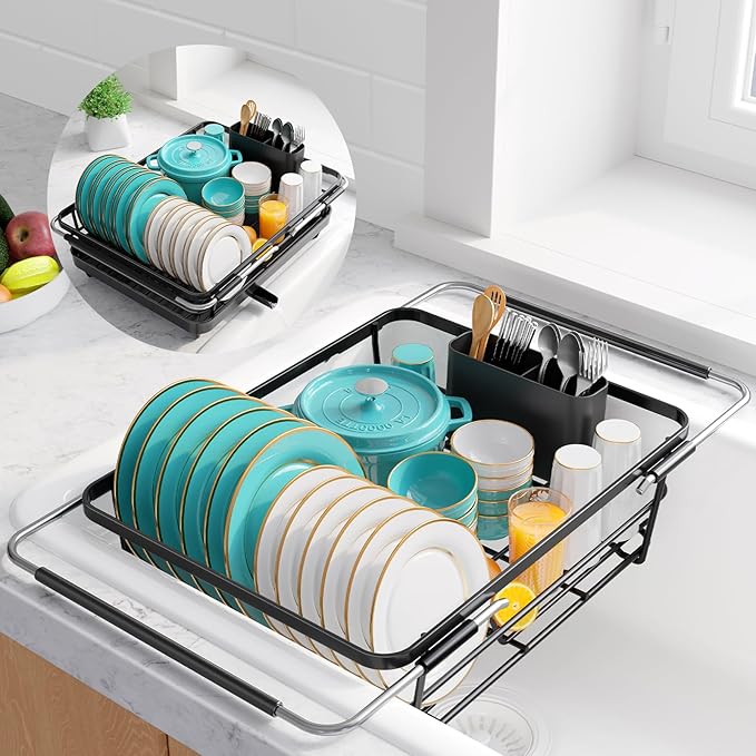 Sakugi Extendable Dish Drying Rack Over Sink with Dish Drainer, Sink Organization and Storage Essentials with Silverware & Utensil Holder, Home and Apartment Decor, 12" W x 16.1~23" L, Black