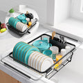 Sakugi Extendable Dish Drying Rack Over Sink with Dish Drainer, Sink Organization and Storage Essentials with Silverware & Utensil Holder, Home and Apartment Decor, 12" W x 16.1~23" L, Black