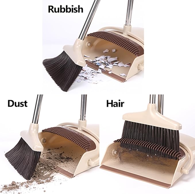 Broom and Dustpan Set, Long Handle Stand Up Broom and Dust Pan Combo, Self-Cleaning with Dustpan Teeth, Indoor&Outdoor Sweeping, Ideal for Dog Cat Pets Home Use (Beige & Brown)