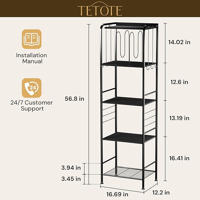 TETOTE 5-Tier Towel Storage for Bathroom Free Standing Towel Rack with M-Shaped Detachable Dividers& Hooks, Pool Towel Organizer Shelf Black