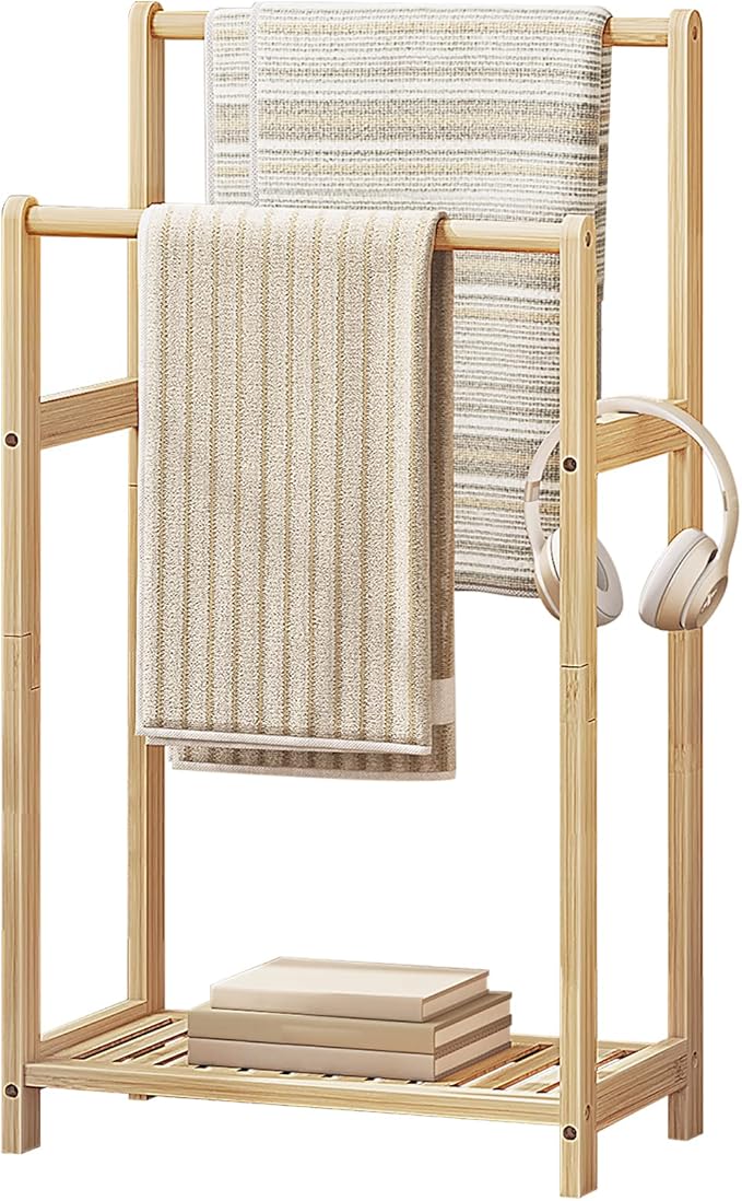 HOOBRO Freestanding Towel Rack for Bathroom, 2 Tier Decorative Bamboo Blanket Rack, Quilt Display Stand with Storage Shelf, 16.5" L x 9.4" W x 30.5" H, Bedroom, Living Room, Natural Color YL02LB01