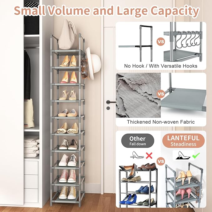 LANTEFUL Narrow Shoe Rack 10-Tier Tall Shoe Organizer Skinny Shoe Shelf Storage for 10-15 Pairs Shoe and Boot, Space Saving Corner Shoe Rack Organizer for Closet, Entryway, Living Room, Grey