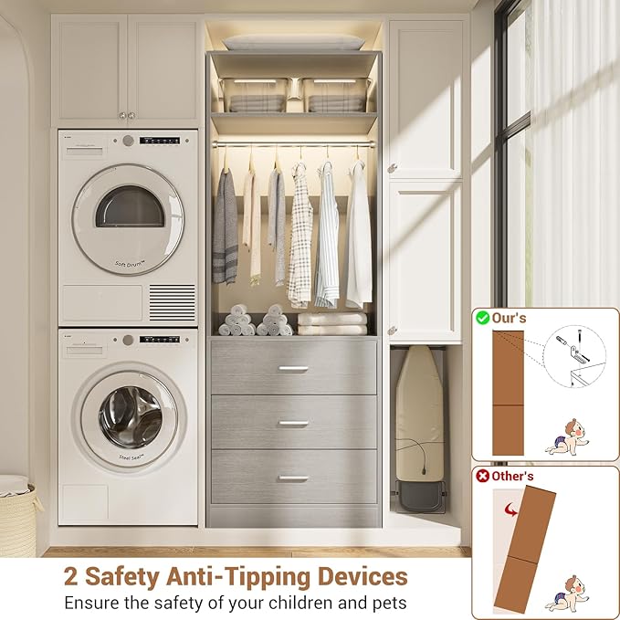 Besiost Freestanding 2FT Closet System with 3 Wood Drawers, 24" Closet Organizer System with Hanging Rod & Shelves, Walk-in Closet Systems for Small Closets, Grey (24"L x 15" W x 80" H)