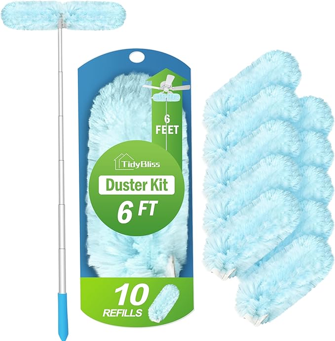 6 ft Extendable Dusters for Cleaning Compatible with Swiffer, Super Long Handle Dusting Wand Kit with 10 Refills, 360 Degree Heavy Duty Microfibers Dust Removing Tool for Ceiling Fan Wall