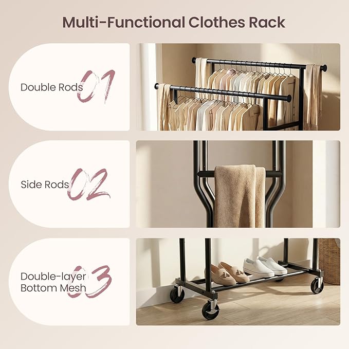Clothes Rack, Double Rods Rolling Clothing Rack for Hanging Clothes Load 260 LBS Closet Rack with Wheels, Metal Portable Garment Rack for Bedroom Laundry Living Room, Black