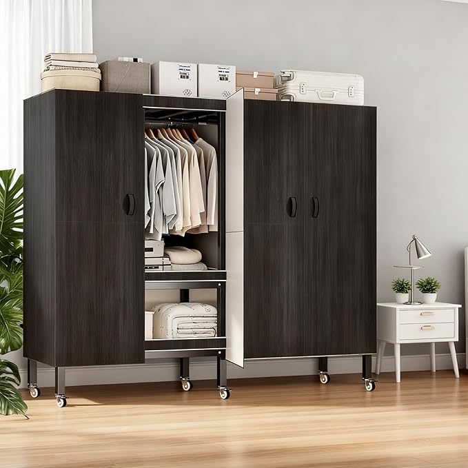 Foldable Portable Armoire Wardrobe Closet for Hanging Clothes Rack, Heavy Duty Covered Clothes Rack with Cover(HARDBOARD Magnetic), Closet Garment Rack for Bedroom Storage (KT Black, 66.14in)