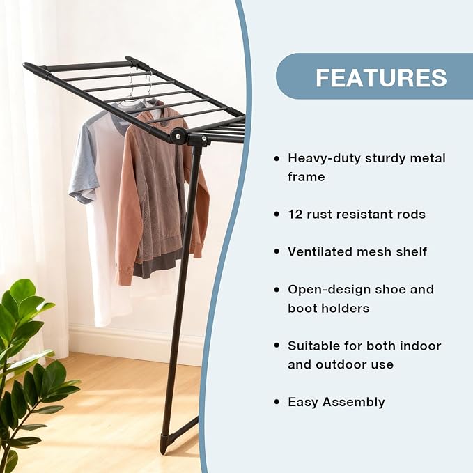 Clothes Drying Rack, with Sock Clips & with Buckle, Metal Laundry Rack, Foldable Gullwing Design, Free-Standing Laundry Airer Space-Saving, Free-Standing Airer, Indoor Outdoor Use, Black