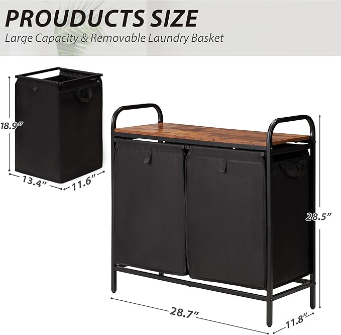 2 Section Laundry Hamper with Shelf, Laundry Basket Organizer with 2 Pull-Out Removable Bags 2×13.2Gal(49.9L), Laundry Sorter for Clothes Organization in Bedroom, Laundry Room, Brown