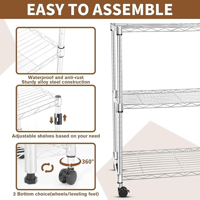 Whitmor 3 Tier Storage Shelving, Heavy Duty with Wheels, Adjustable Steel Organizer, 400 lbs Capacity per Shelf, Max 1200 lbs Total for Garage, Kitchen, Bathroom, 20" L x 14" W x 24" H, Chrome