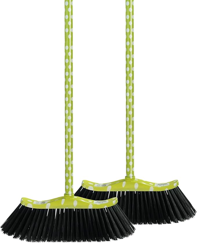 Superio Polka Dot Printed Broom, 2-Pack, Premium Black Plastic Bristles, Heavy-Duty Household & Outdoors, Easy Swiping, Multi-Surface, USA Wooden Handle, 12 Inch Sweeping Head