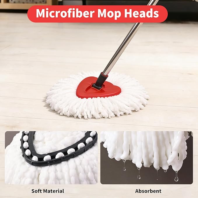Mop Replacement Heads, Handle, Base Compatible with O Cedar EasyWring 1-Tank Spin Mop System, 2 Microfiber Mop Head Refills, 4-Section Iron Handle 30-58in and 1 Spin Base Cover Set