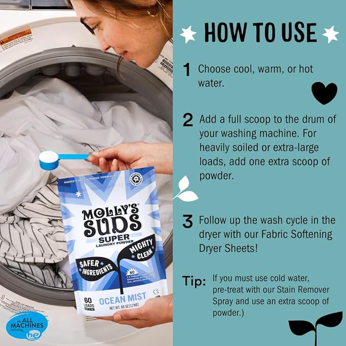 Molly's Suds Unscented Super Powder Detergent | Extra Strength Laundry Soap, Stain Fighting | Sensitive Skin | Simple, Effective Ingredients | 120 Loads Total (2 Pack)