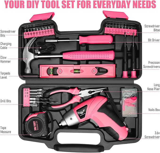 Cordless Screwdriver Rechargeable 3.6V, Pink Tool Kit with Small Drill, 112 PCS Home Tool Set for Home, Hand Tool Kits for Women