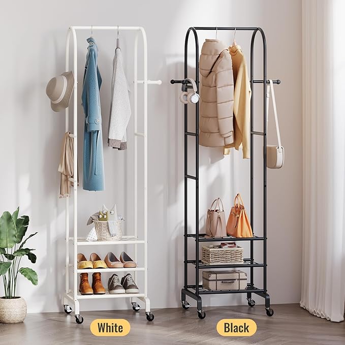 Garment Rack with Wheels,Small Metal Coat Rack With 4 Hooks,Freestanding Heavy Duty Clothing Rack with Shoe Shelves,Hanging Rod for Small Space,Bedroom,Entryway, Office, Living Room (Black)