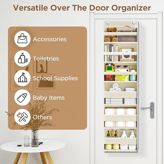 Mefirt Over The Door Organizer, 6 Shelf Door Hanging Organizers with 6 Large Capacity Pockets, Behind Door Storage Hanging Shelves for Closet Wall Bathroom Bedroom Nursery