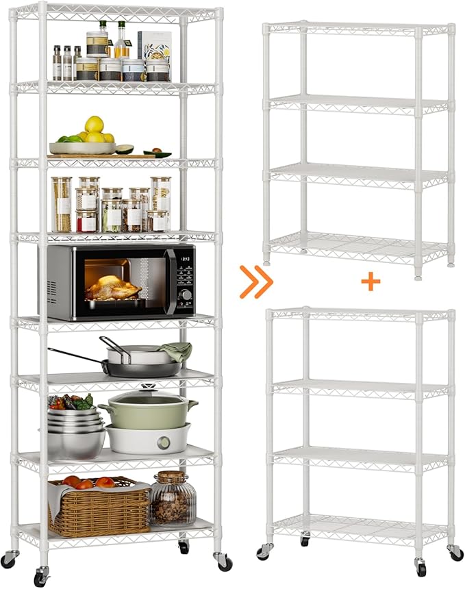 Golpart 8 Tier Shelves Storage Shelf Wire Closet Bathroom Organizers Metal Pantry Kitchen Garage Shelving Unit Laundry Room Organization Home Rack Net Basket Black with Wheels 12”D X 22”W X 74.2”H