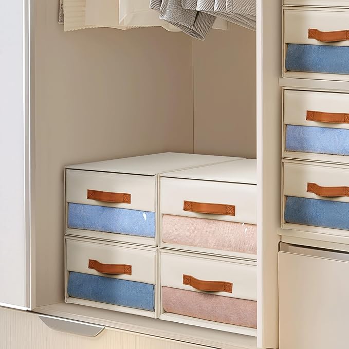 DIMJ Closet Organizers and Storage - Foldable Storage Bins with Drawers Fabric Stackable Storage Drawers with Clear Window,Fabric Clothes Organizers and Storage Drawers for Closet, 6-Pack, Beige