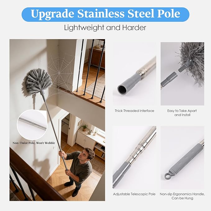 Microfiber Feather Duster 5-in-1 Kit with Extension Pole, Washable Cleaning Duster Set with 3 Duster Heads, Cobweb Duster, Corner Brush, 100'' Extendable Long Duster for High Ceilings, Fans, Furniture