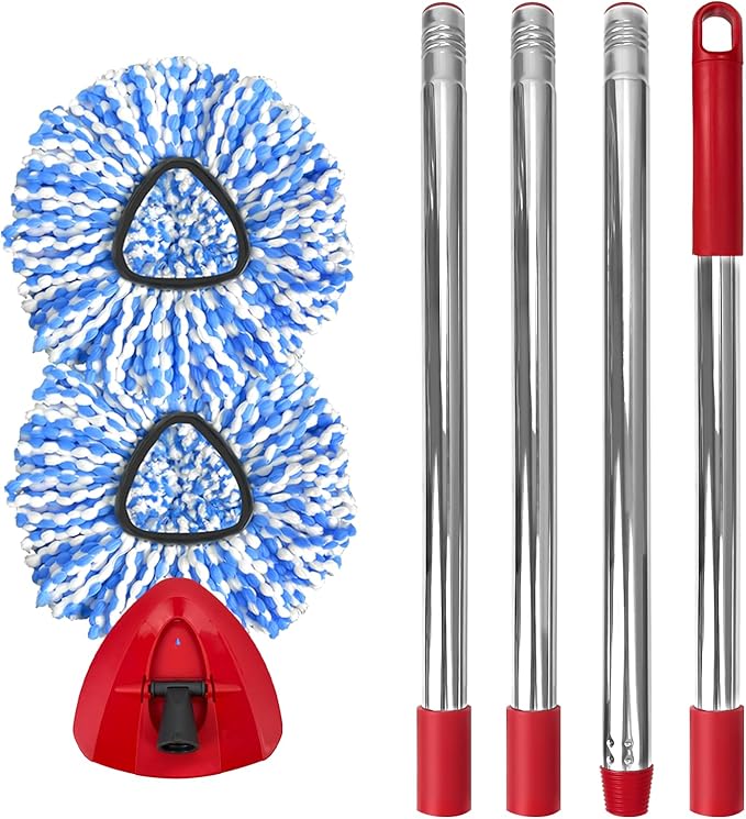 Spin Mop Replacement Set for O-Ceda 2-Tank System, Includes 2 Mop Head Replacement, 1 Mop Handle (30-58in Adjustable 4-Section Pole), 1 Spin Base