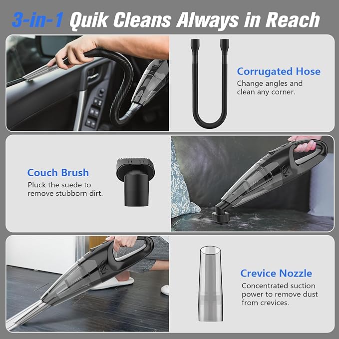 BSRCO 30Min Runtime Handheld Vacuum Cordless - 1.65lbs Light, 3 Attachments, LED Light, HEPA, USB Charge for Car & Home