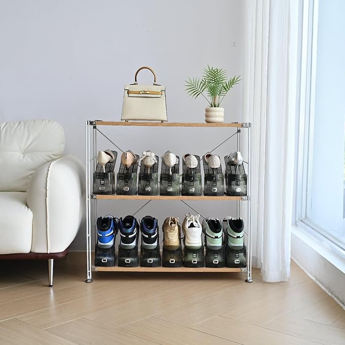 Shoe Slots Organizer, Clear Shoe Stacker, Adjustable Level Shoe Rack,Storage Space Saver for Sneakers Display (Grey Transparent, 8Pack)