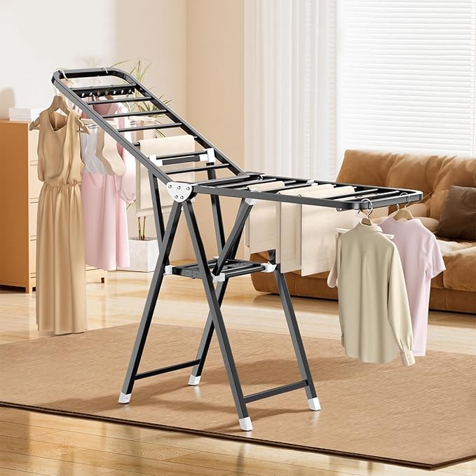 MIKEE Clothes Drying Rack,Foldable Laundry Drying Rack for Indoor & Outdoor Use，with Height-Adjustable Wings，2-Tier Clothes Rack with Windproof Hanging Holes and Wheels，132 lbs