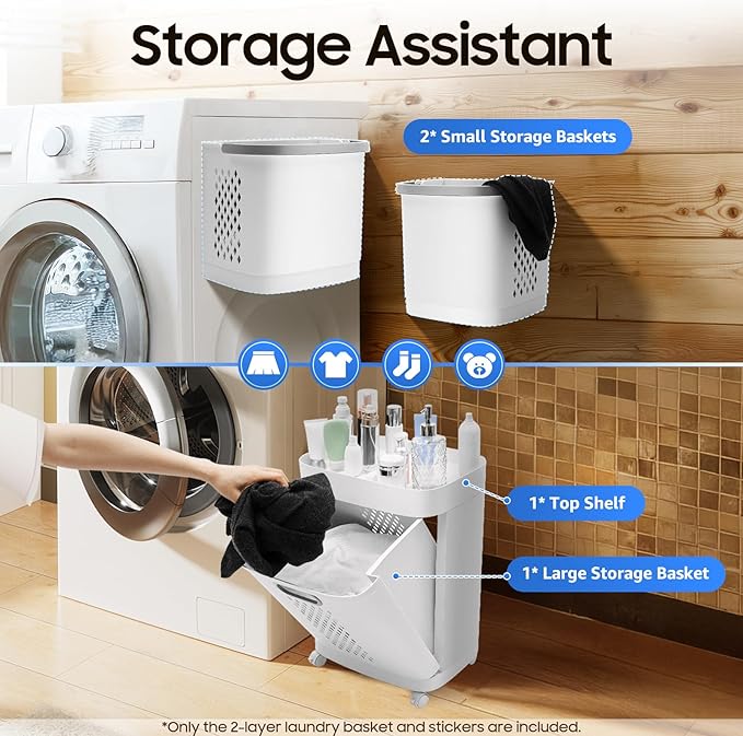 Bathroom Laundry Basket 2 Layer Clothes Storage Basket Household Bathroom Simple Storage Shelf Kitchen Shelf Fruit Stand with Wheels Vertical Standing Storage Basket Stand