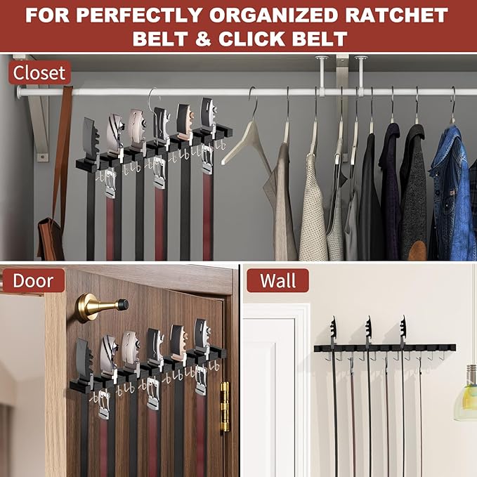 Cuipingoo Belt Hanger for Closet Max 42 Belts, 2-in-1 Wall Mount Belt Organizer with 360° Rotating Hooks, Wooden Tie and Belt Rack for Closet Accessories Organizers and Storage, Black