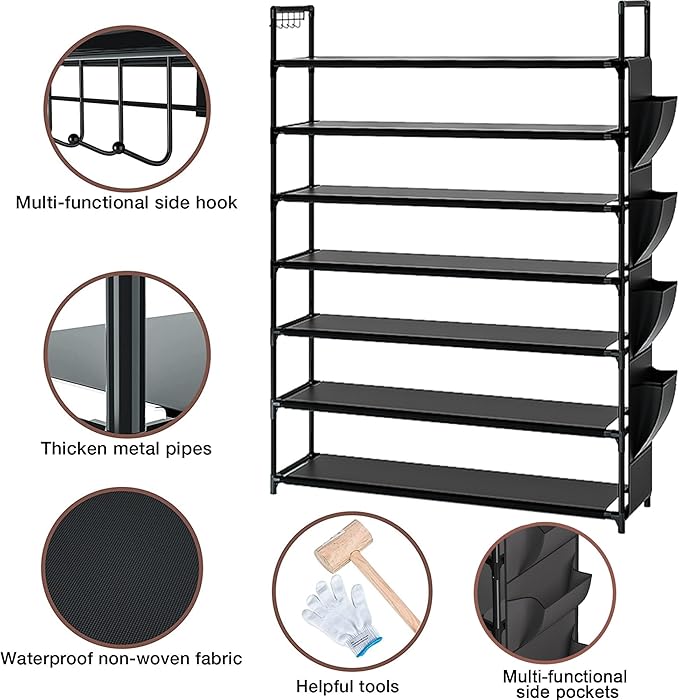 OYREL Large Capacity 7 Tier Shoe Rack, Black, 33.3in Wide x 11.2in Deep x 48.7in Tall, Holds 28-35 Pairs of Shoes, Ultra-Minimalist Style, Waterproof and Durable