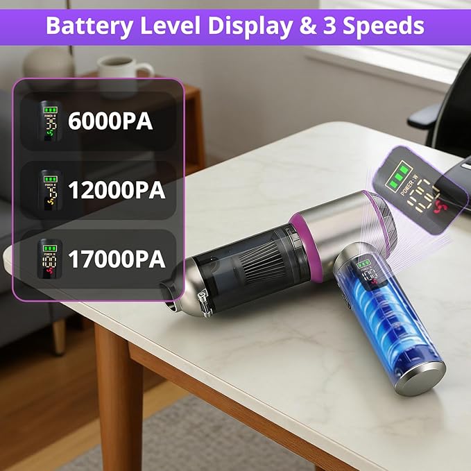 Cordless Handheld Vacuum with 17000Pa Powerful Suction, LED Light & 4-in-1 Nozzles, Portable Car Vacuum Cleaner for Pet Hair, Home, Office Desk, 3 Speeds & Type-C Charging