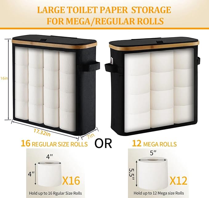 Toilet Paper Storage Basket with Lid for Mega Rolls, Large Bamboo Toilet Paper Organizer Holder Stand for Bathroom, Enclosed Tissue Storage Bin Box Container Free Standing, Black